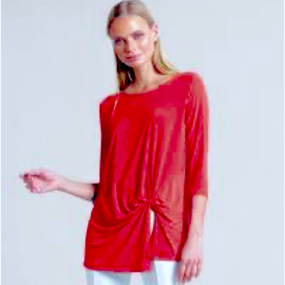 Clara Sun Woo | Twist Tie Tunic Top Asymmetrical Hem 3/4 sleeves in Red | Small